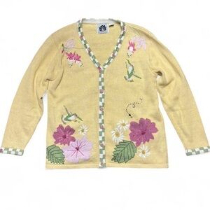 Storybook Knits Vintage Yellow Beaded & Embroidered Hummingbird Floral Cardigan